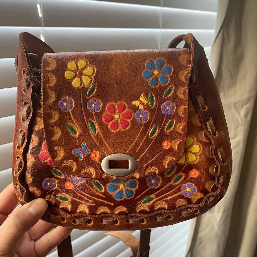 Mexican  hippie boho floral butterfly leather tooled bag purse